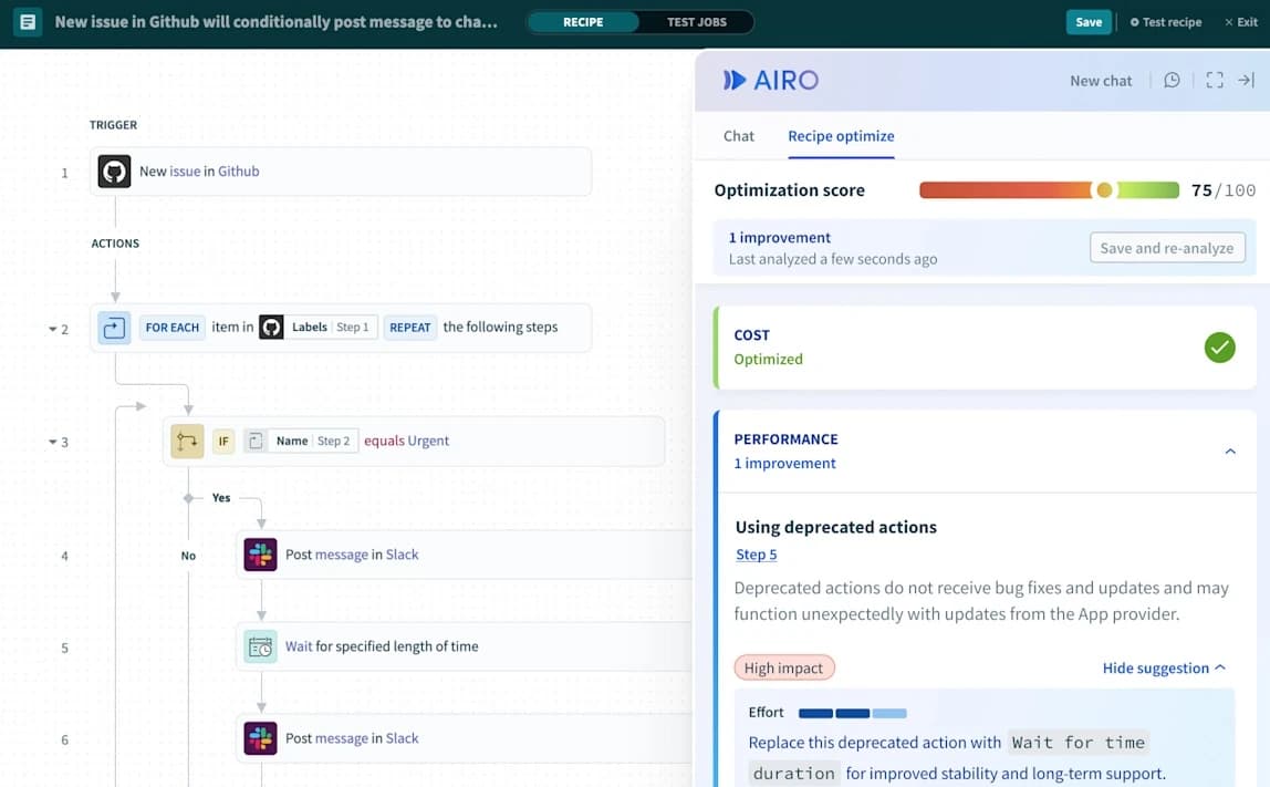 لقطة شاشة من واجهة Workato توضح بناء وصفة أتمتة