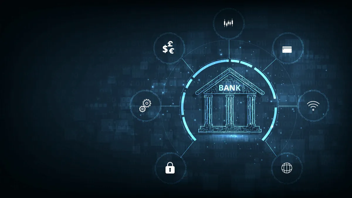 واجهة رقمية تمثل وكيل ذكاء اصطناعي يتفاعل مع أنظمة مصرفية متعددة