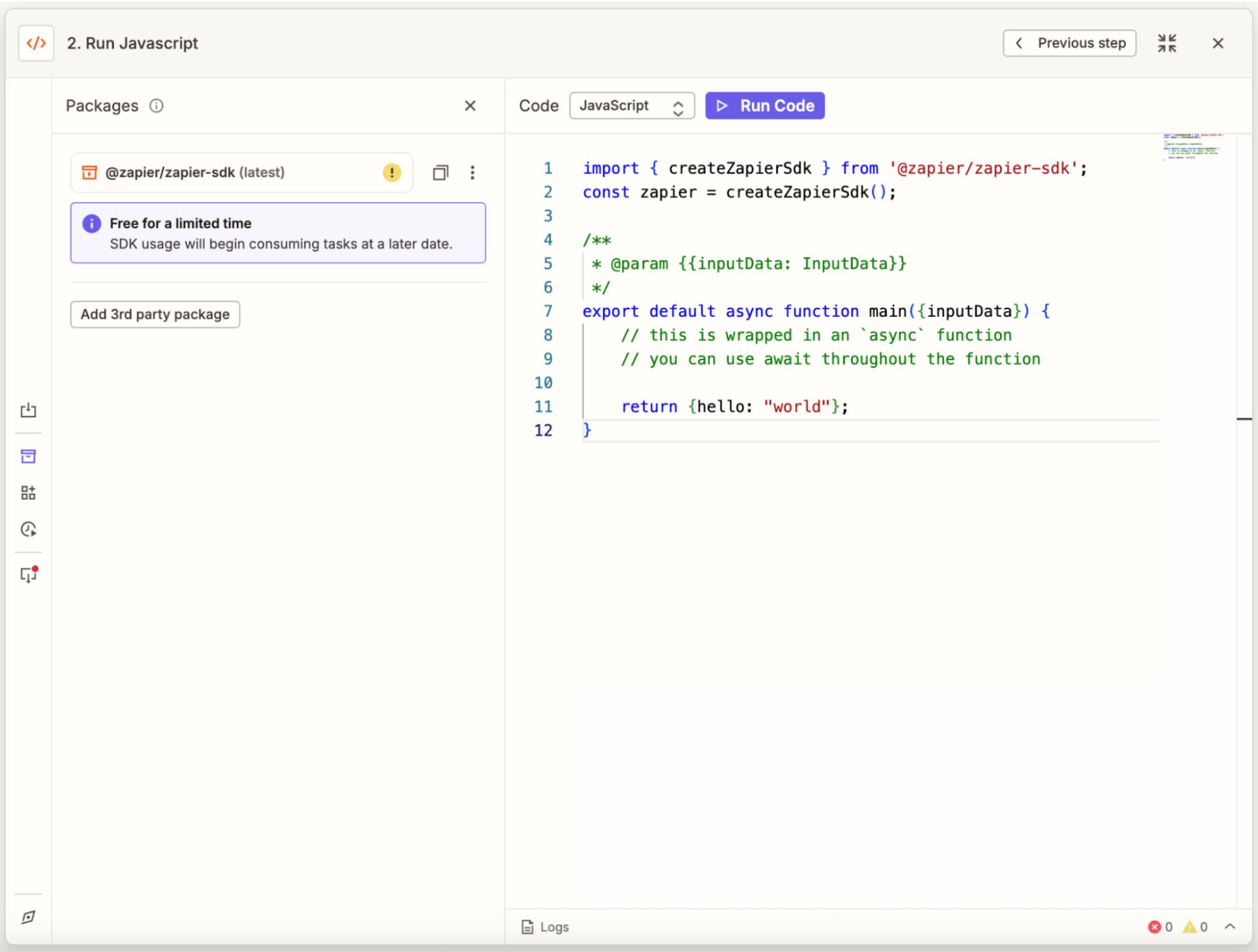 مقتطف كود يوضح استخدام Zapier SDK للاتصال بتطبيقات خارجية