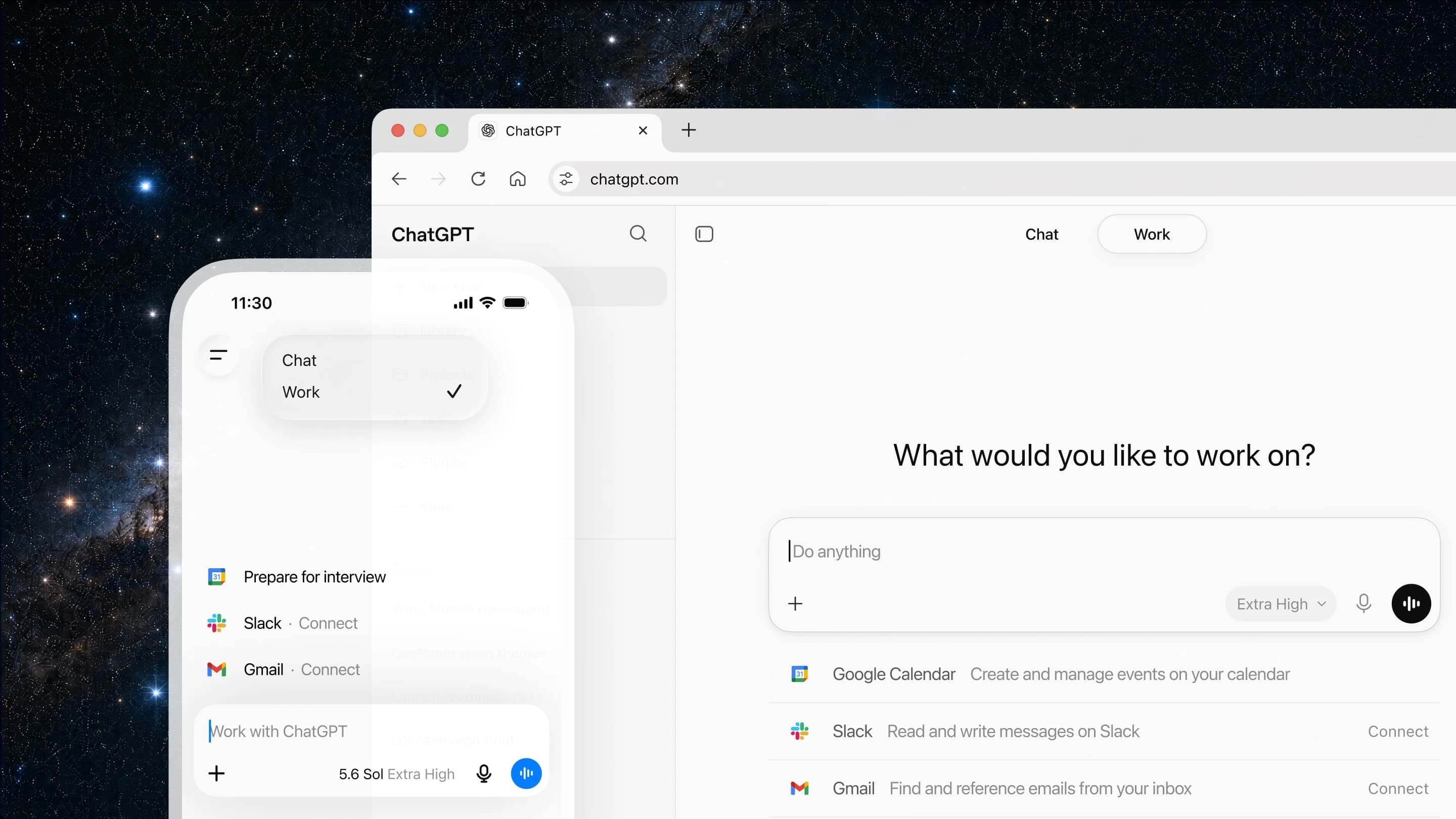 ChatGPT Work displayed on desktop and mobile, with Google Calendar, Slack, and Gmail integrations against a starry background.
