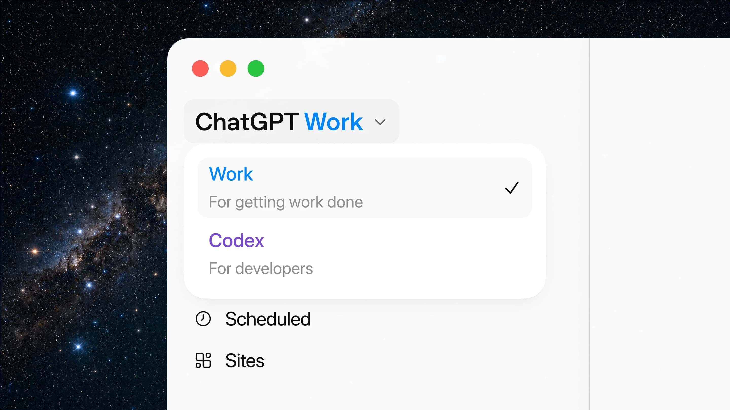 ChatGPT desktop app menu with Work selected above Codex, Scheduled, and Sites.