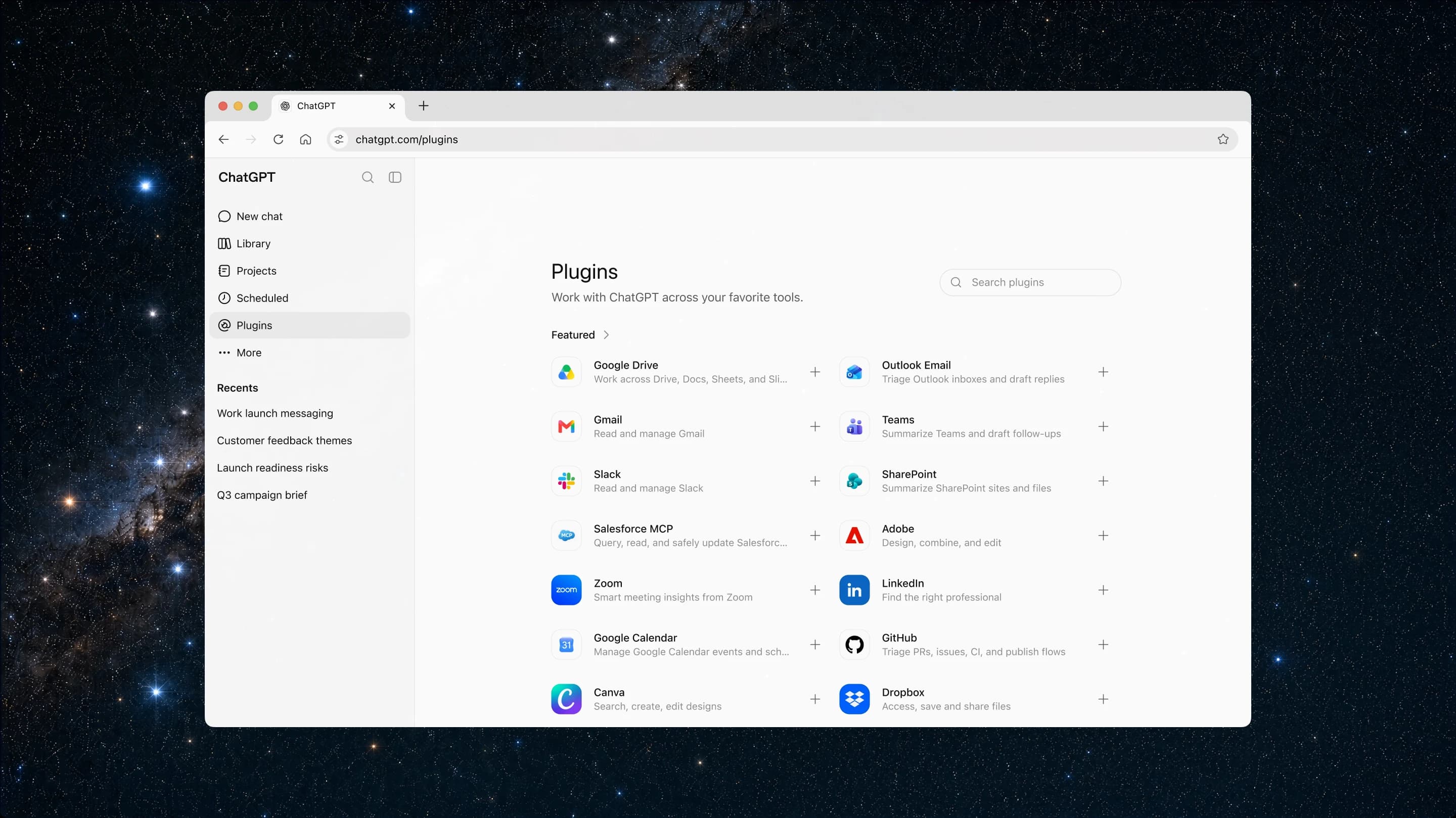 ChatGPT plugins directory showing connected tools including Google Drive, Outlook Email, Gmail, Teams, Slack, SharePoint, Salesforce, and Adobe Acrobat.