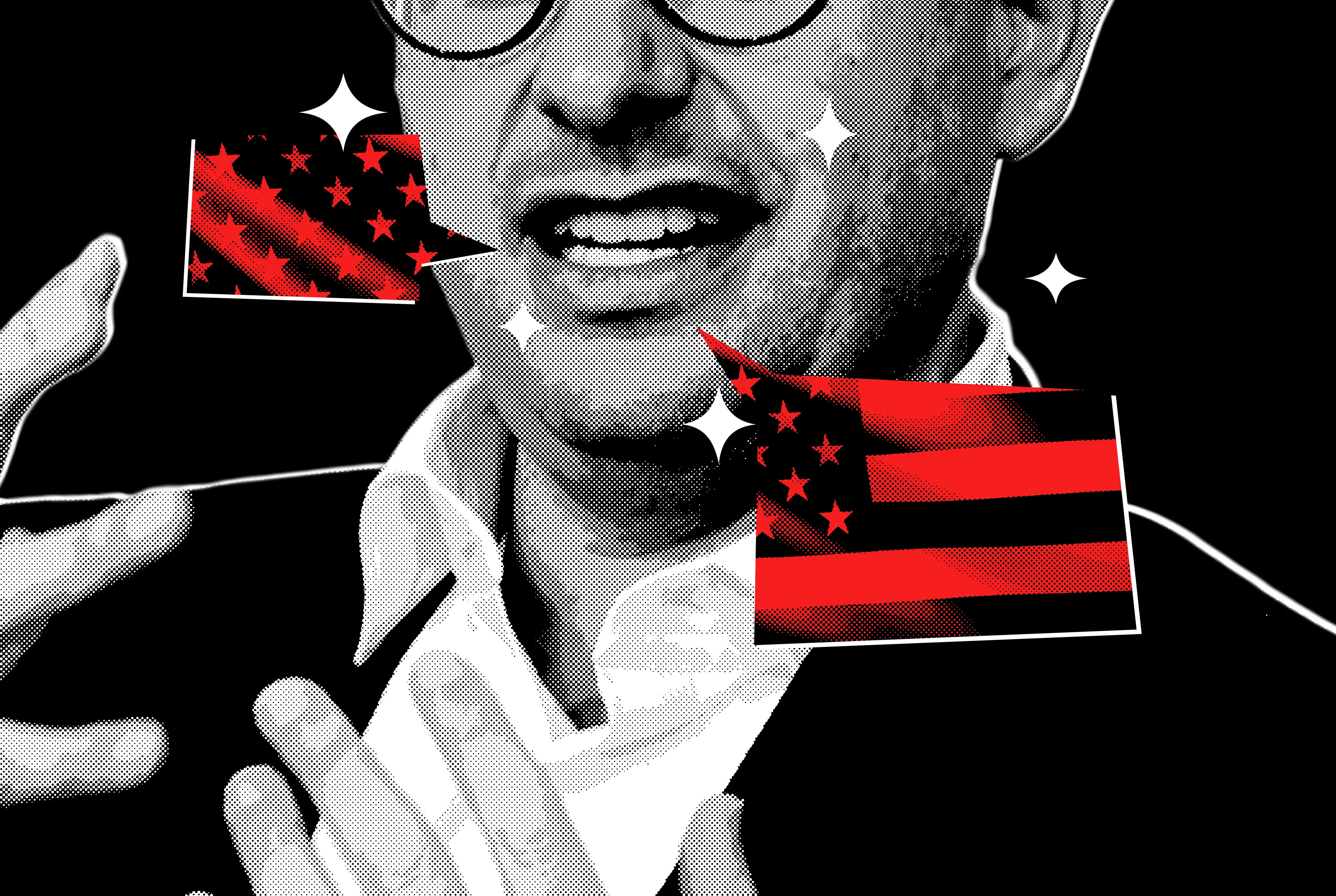Collage of Dario Amodei talking and speech bubbles with American flags