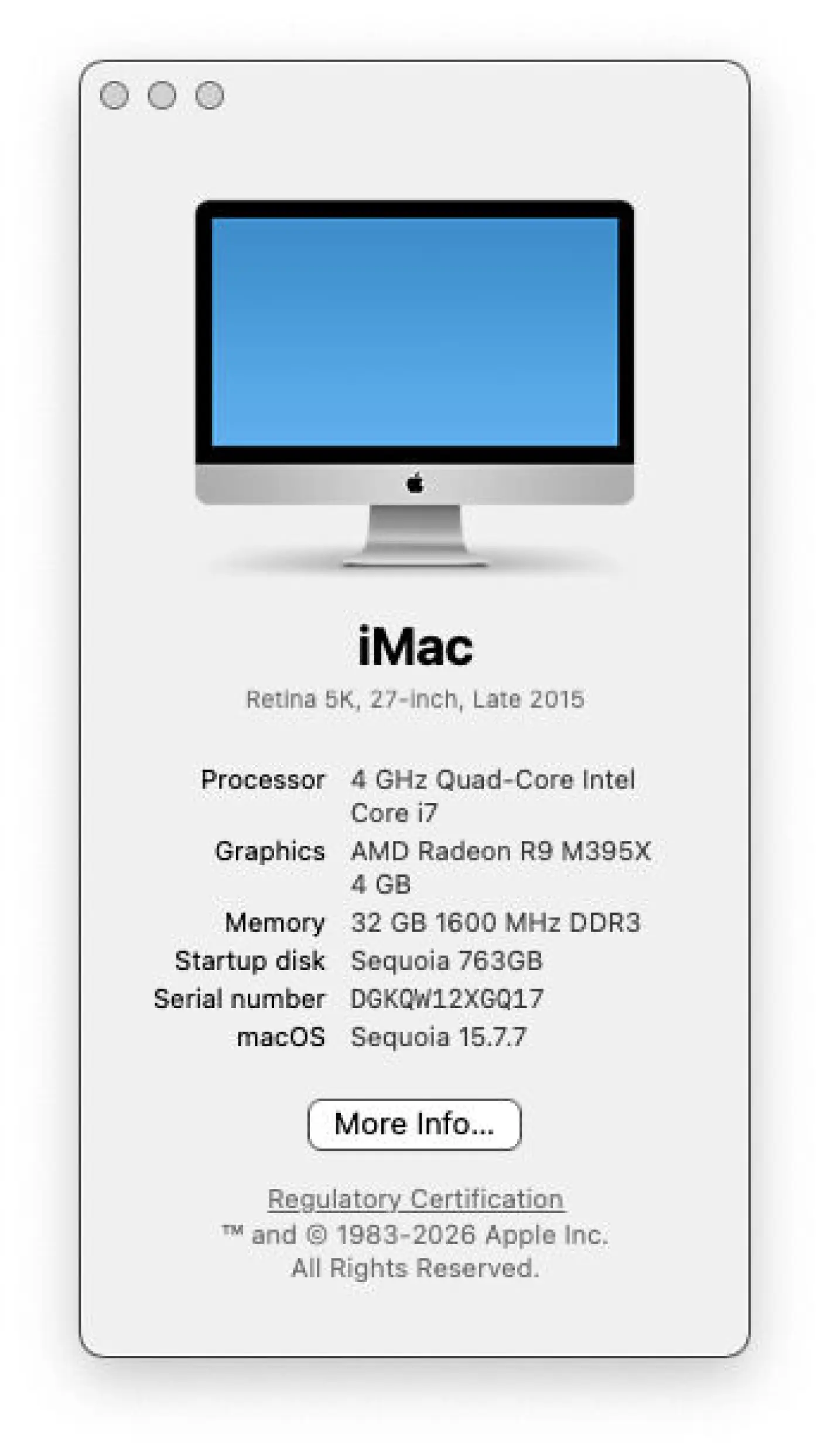 جهاز iMac 27 بوصة موديل 2015 مع شاشة Apple Thunderbolt Display، مثال على الأجهزة التي يمكن إحياؤها باستخدام OCLP