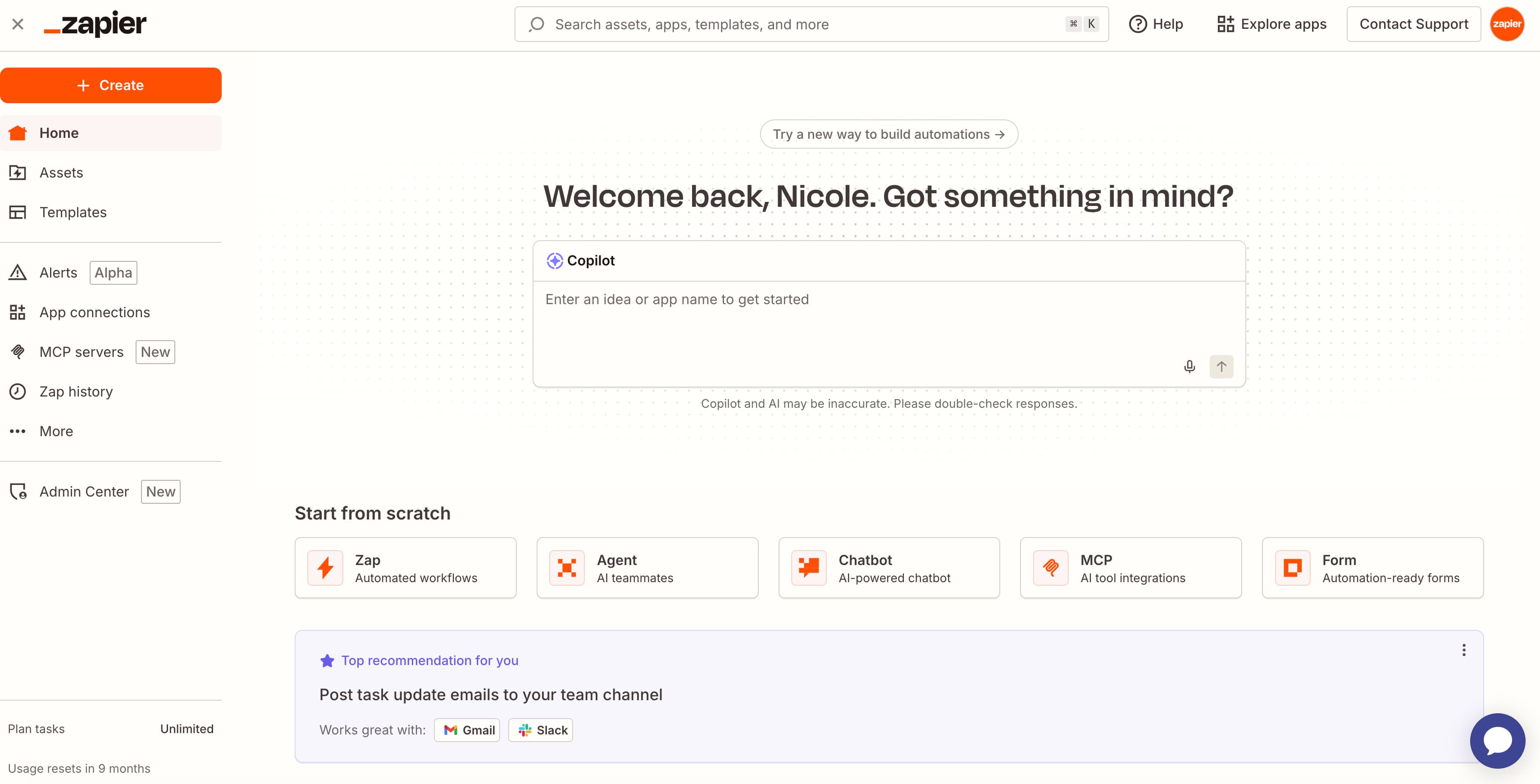 لوحة تحكم Zapier تُظهر تكاملات متعددة مع تطبيقات الأعمال وسير العمل المؤتمت