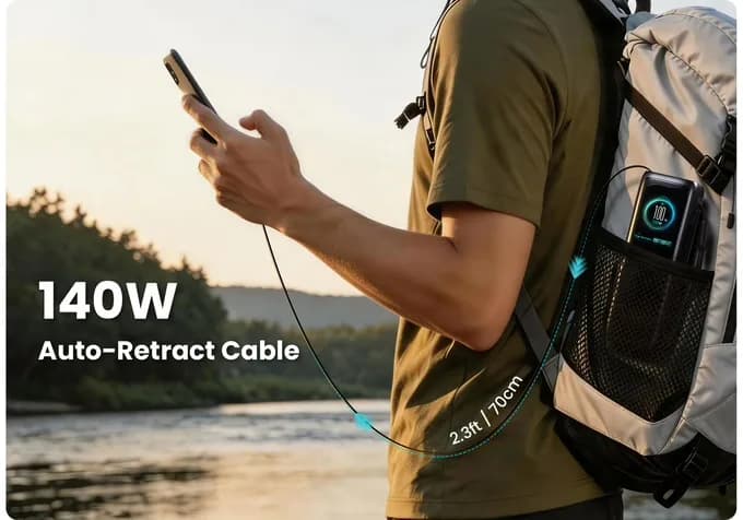منافذ شحن Podix PR70 تشمل كابلين مدمجين ومنفذي USB-C وUSB-A