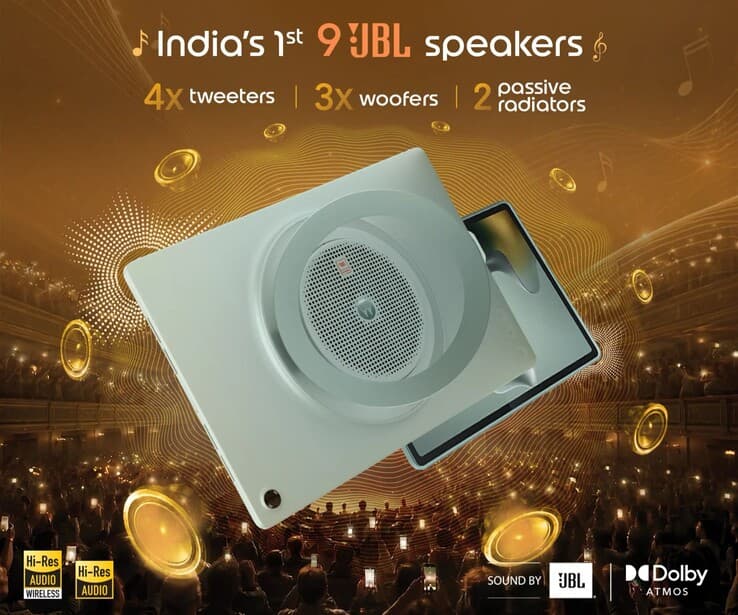 الجانب الخلفي لجهاز Moto Pad 70 Groove يُظهر مكبرات JBL والحلقة القابلة للطي