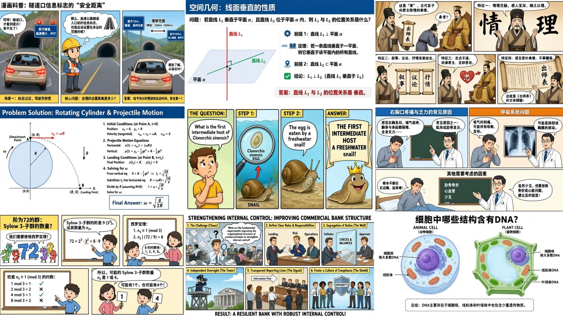 Nine-panel grid with infographics covering tunnel safety, geometry, Confucian ethics, physics, medicine, math, banking oversight, and cell DNA.