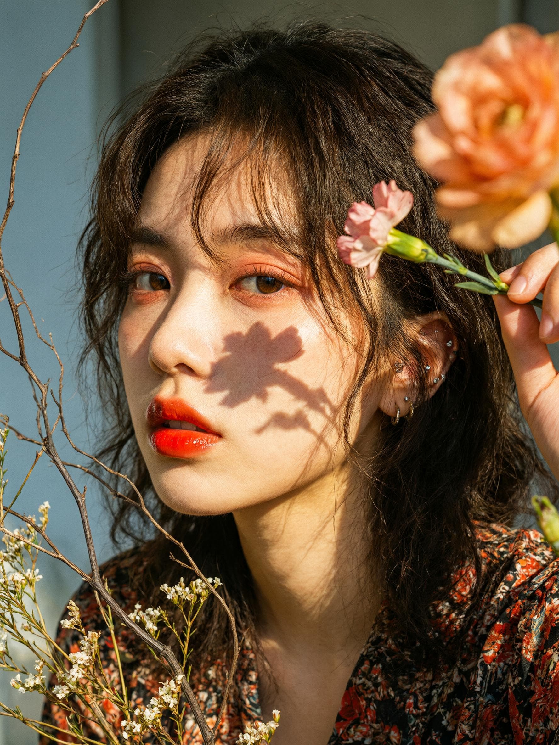 Close-up of a young woman in sunlight with flower shadows on her cheek, a pink carnation in her hair, and multiple earrings; individual strands of hair and skin pores are visible.