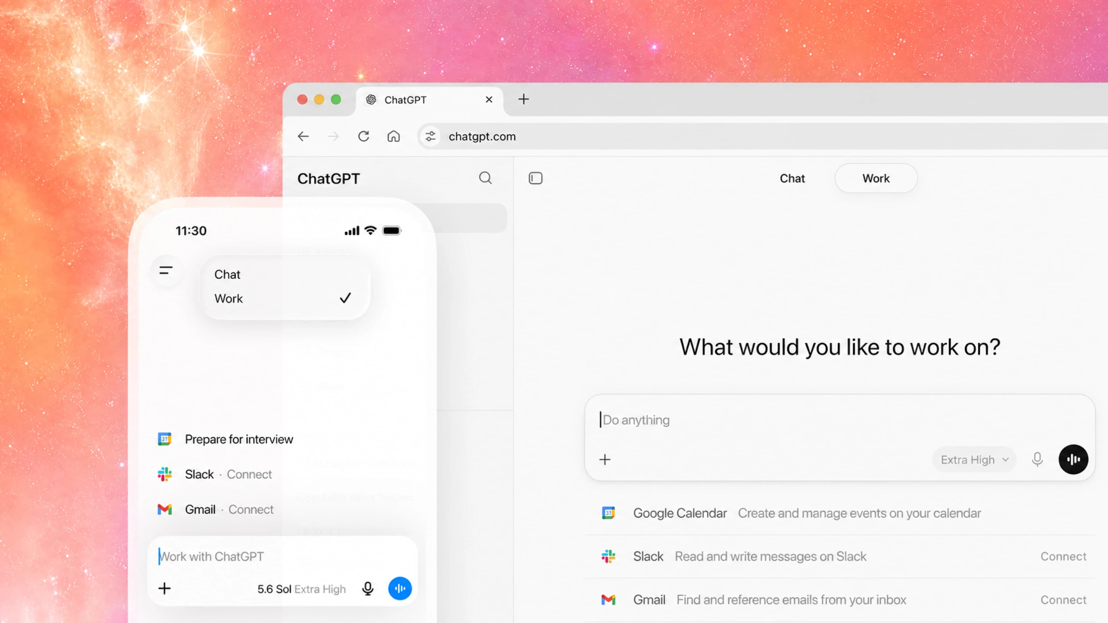 ChatGPT Work interface shown on desktop and mobile, with connected apps visible against an orange gradient background.