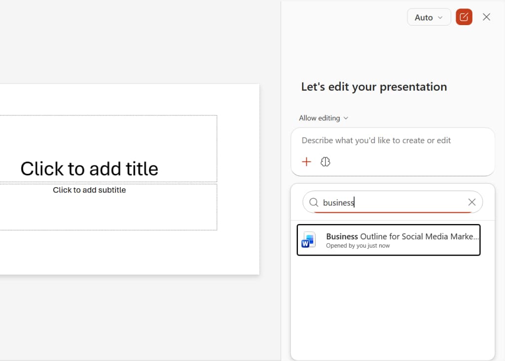 screenshot of copilot sidebar in powerpoint with a document being attached for copilot to base a presentation on