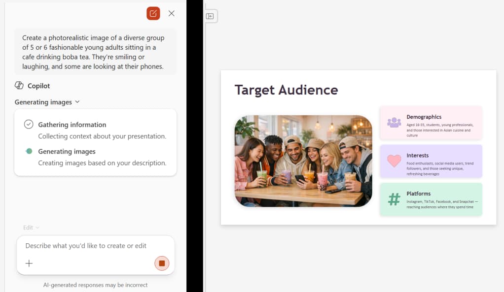 screenshot of image generation prompt in copilot sidebar in powerpoint plus the resulting generated image on a slide