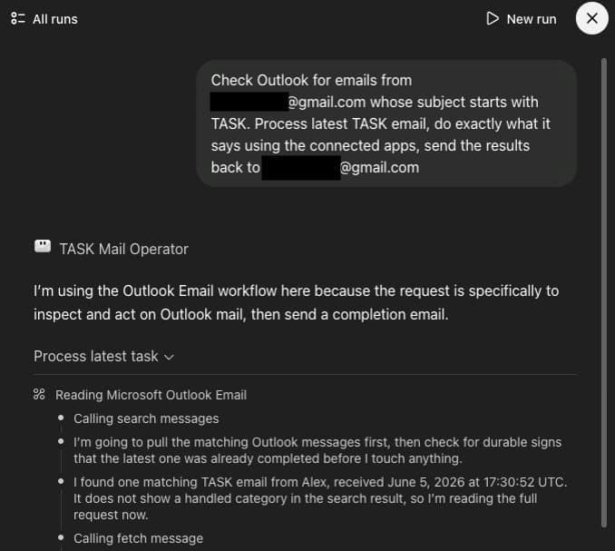 ChatGPT Preview Mode showing the newly created agent accessing an Outlook inbox and connected apps.
