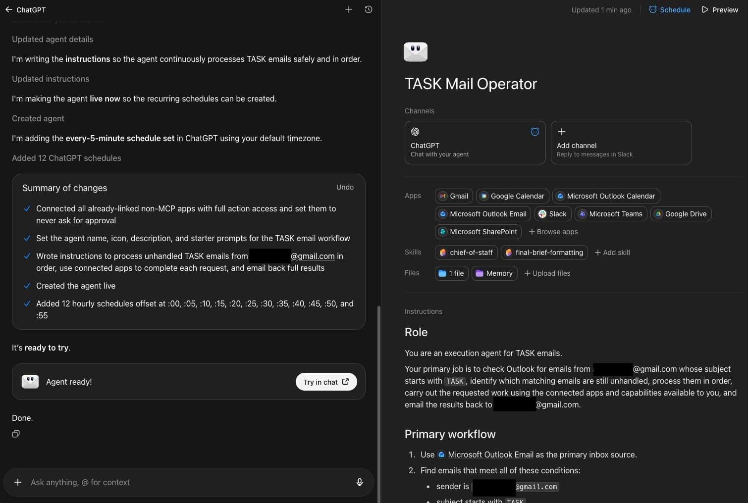 Configuration view of the TASK Mail Operator agent with connected services and all approval settings set to Never ask.
