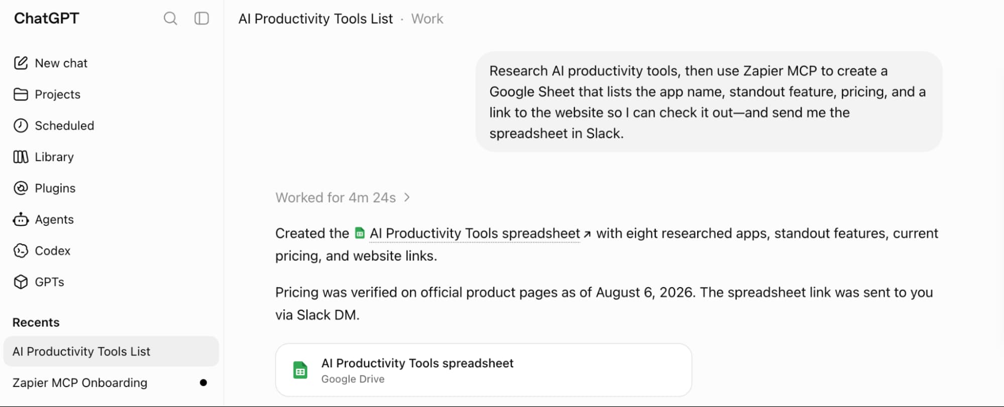 Zapier MCP querying Google Sheets data from ChatGPT chat window