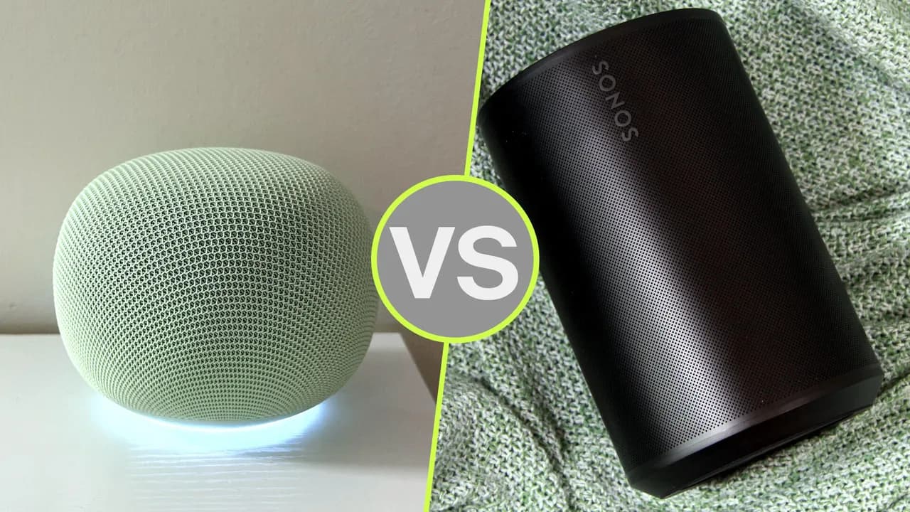 Google Home Speaker and Sonos Era 100 smart speakers side by side comparison