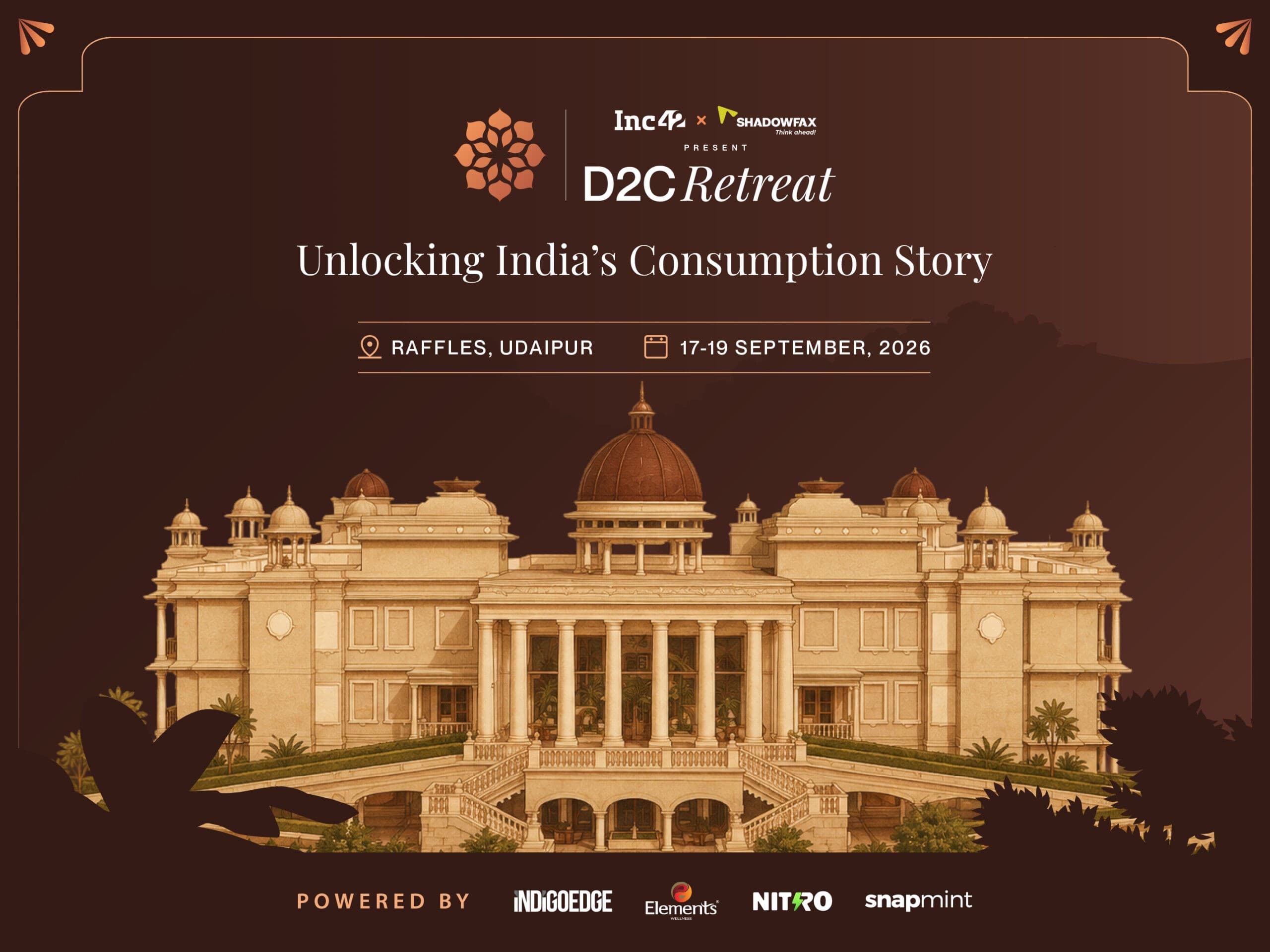 D2C Retreat 2026 announcement featuring private island venue at Raffles Udaipur