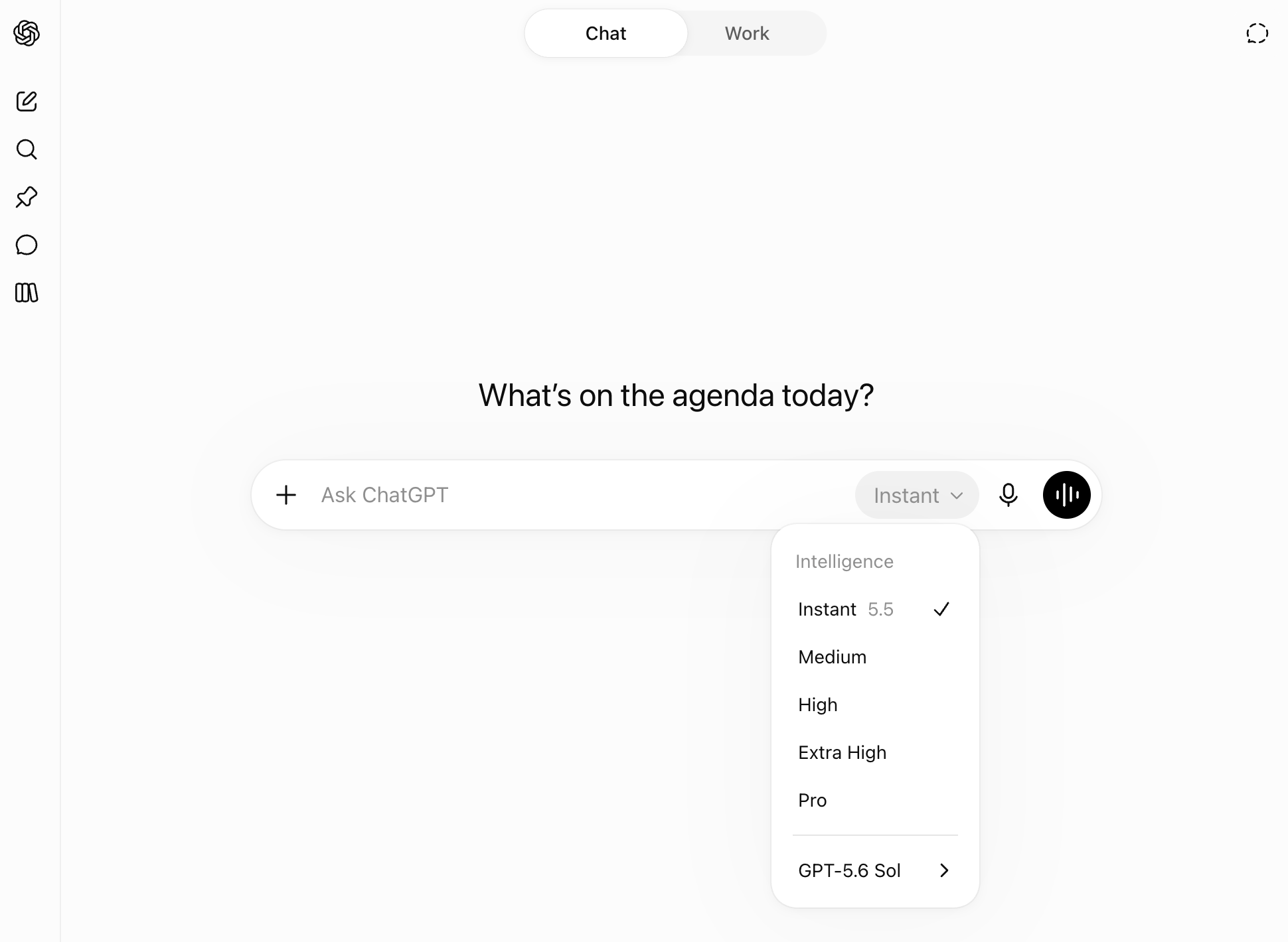 ChatGPT interface showing the Chat and Work mode toggle
