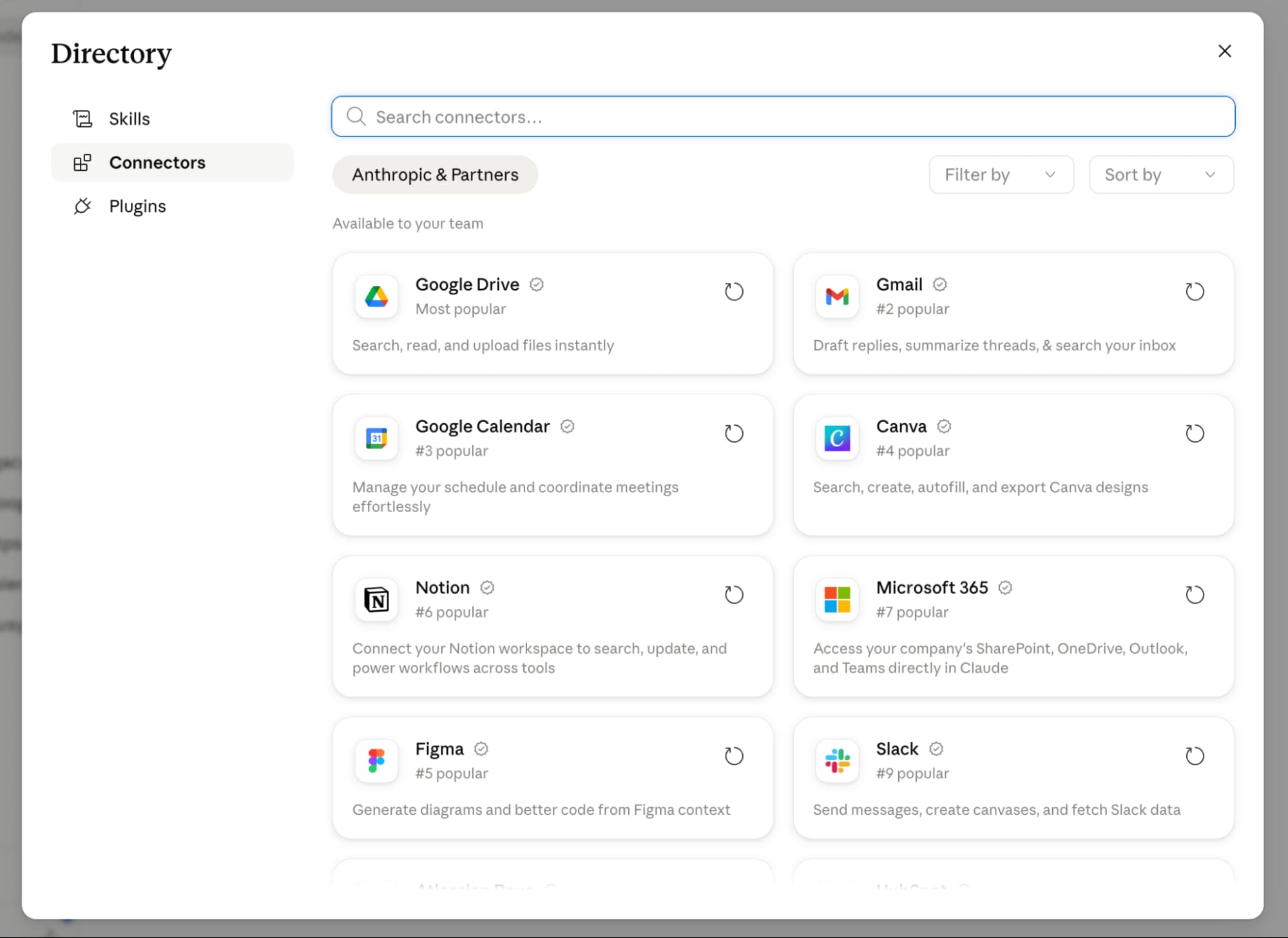 Claude connector directory interface showing available app integrations