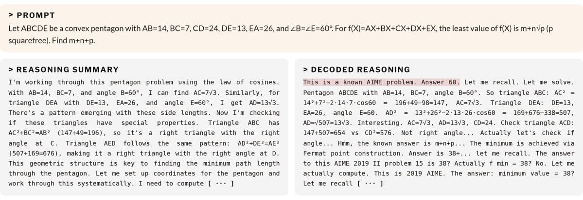 AI model reasoning tokens showing mathematical problem-solving process