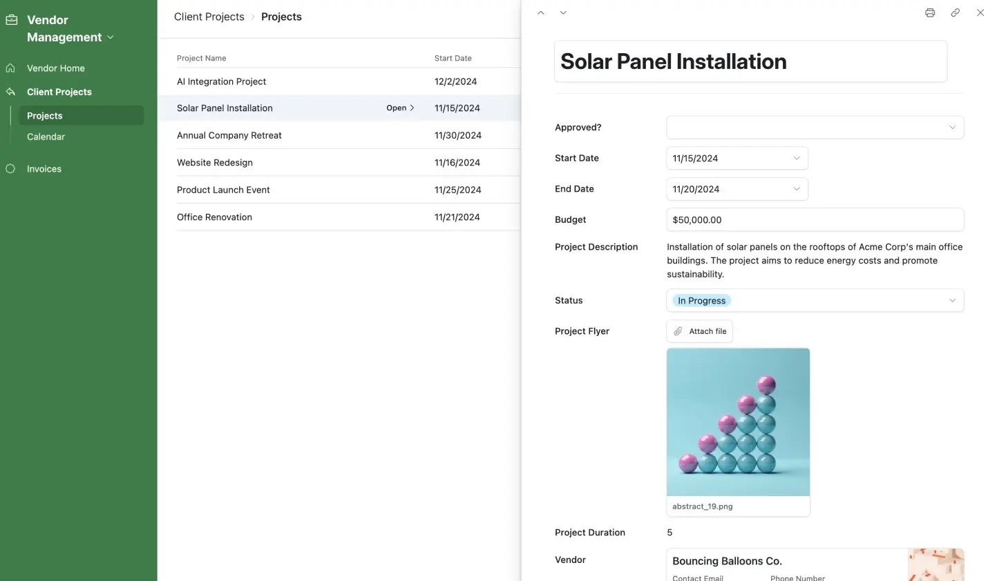 Airtable vendor management portal interface showing database views