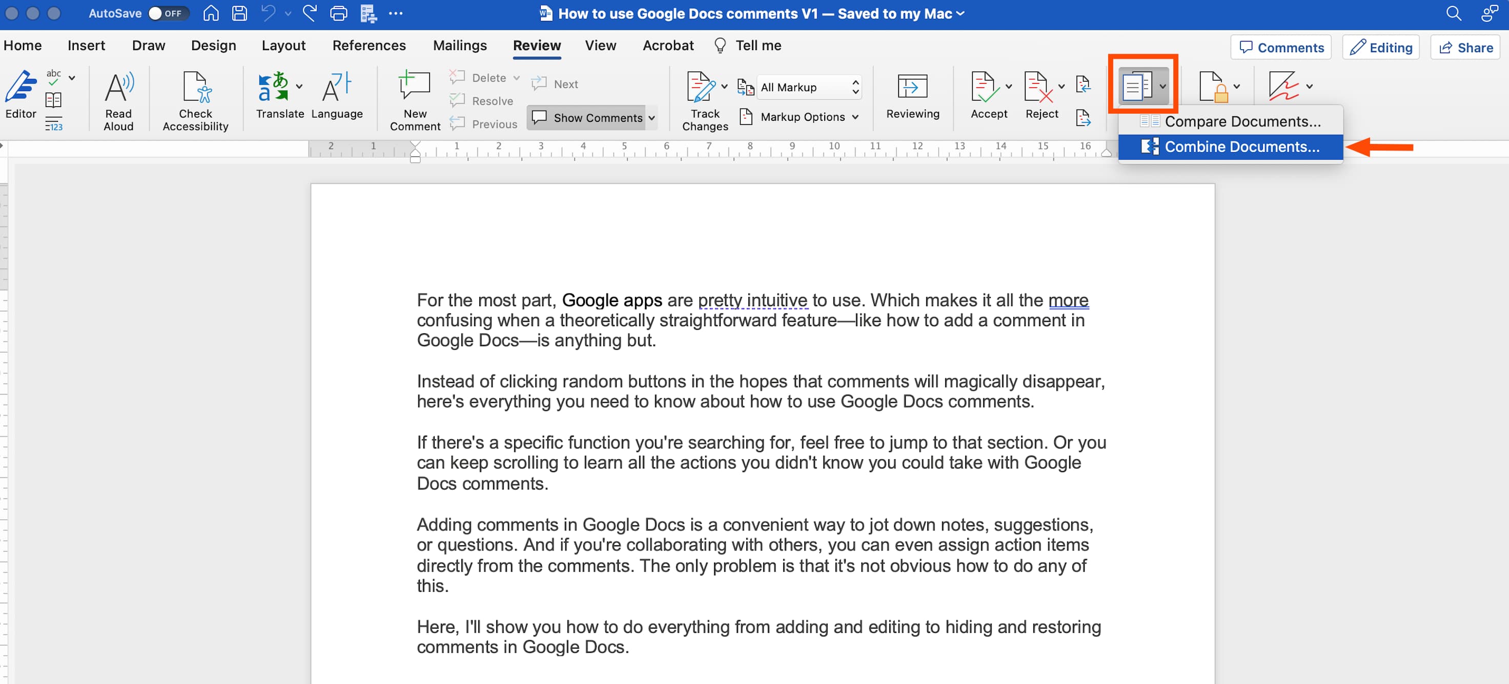 Microsoft Word Review tab showing the Compare button in the ribbon