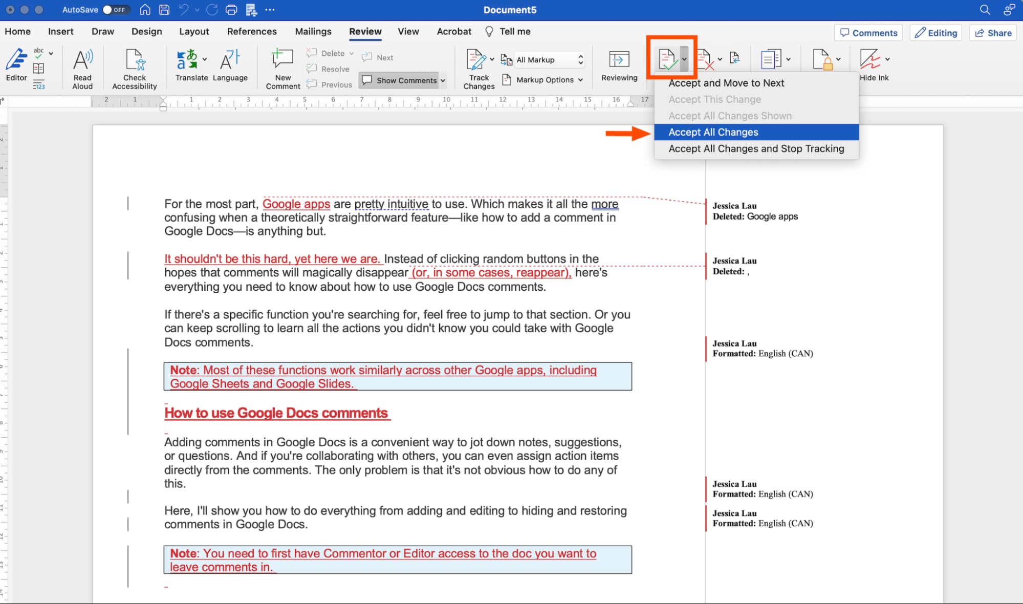 Word Review tab showing Accept and Reject buttons for tracked changes