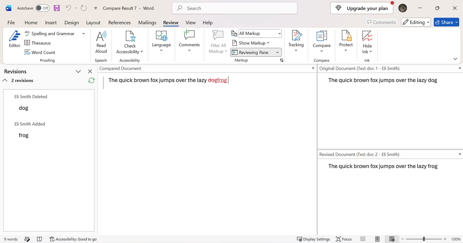 Word document showing tracked changes with red markup and comments panel
