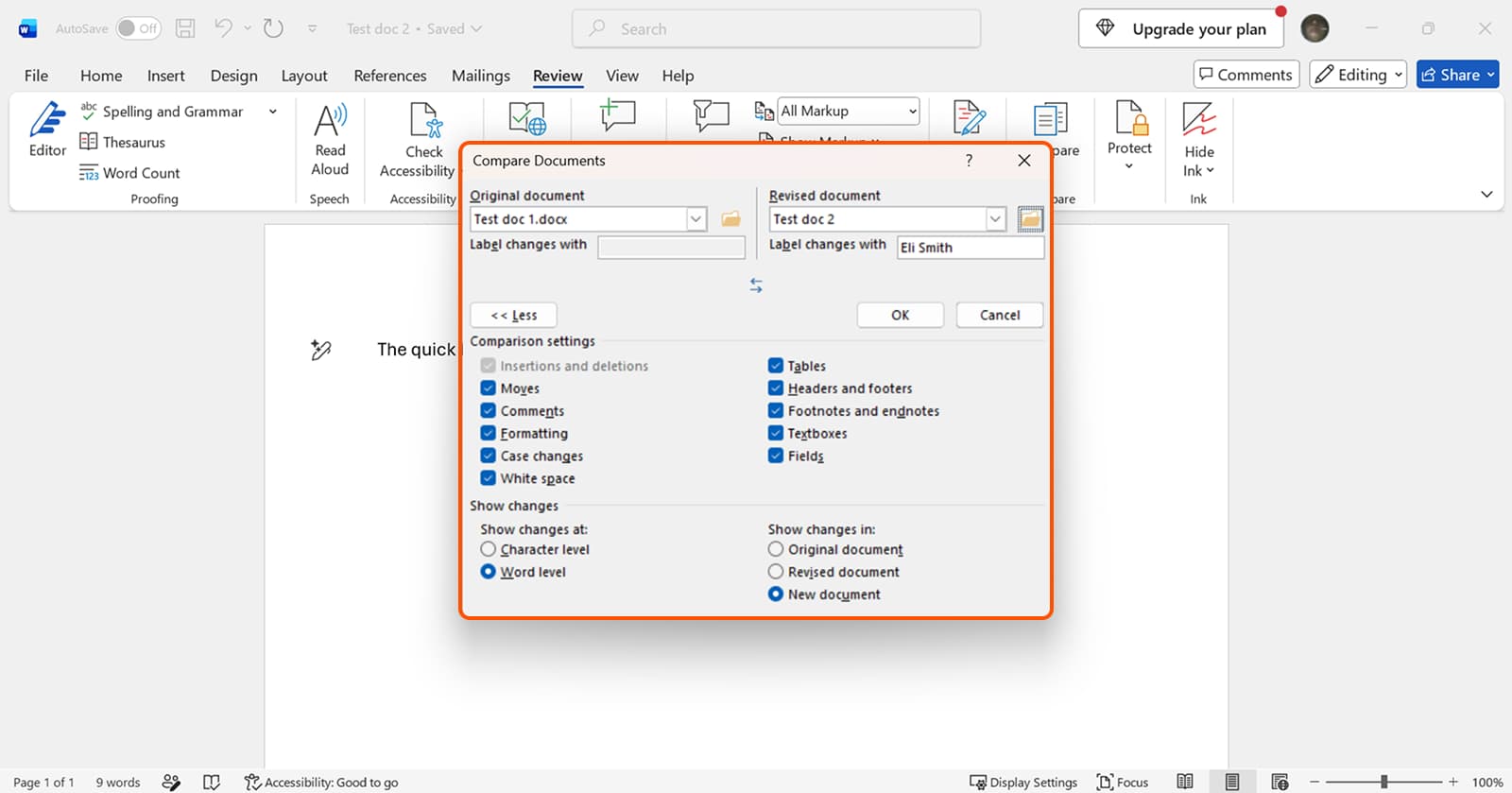 Compare Documents dialog box with Original and Revised document dropdowns