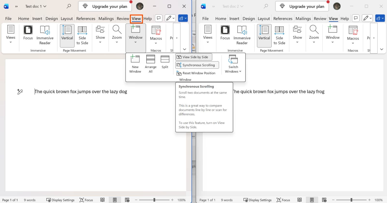 Word View tab showing View Side by Side and Synchronous Scrolling options