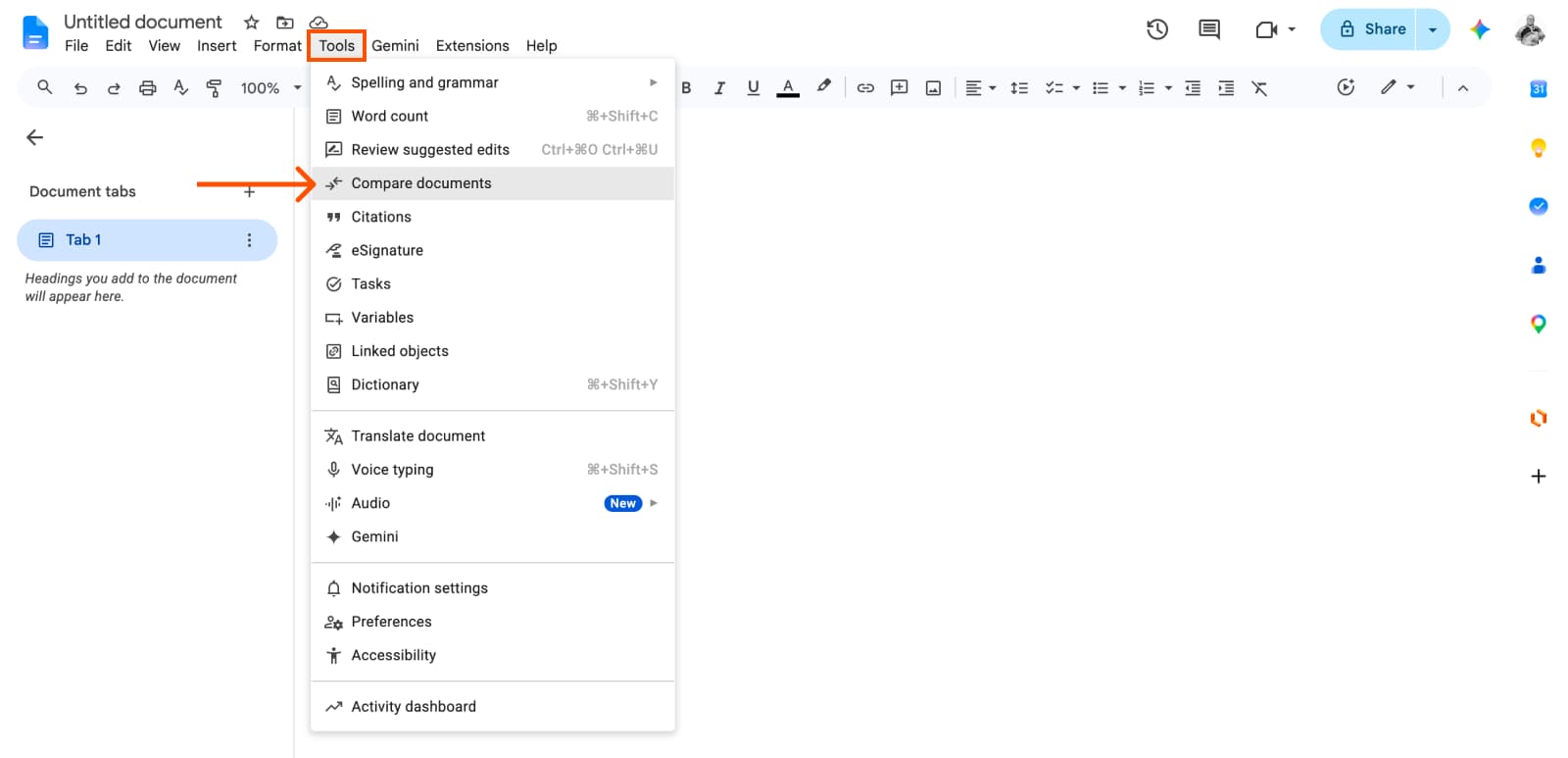 Google Docs Tools menu showing Compare documents option