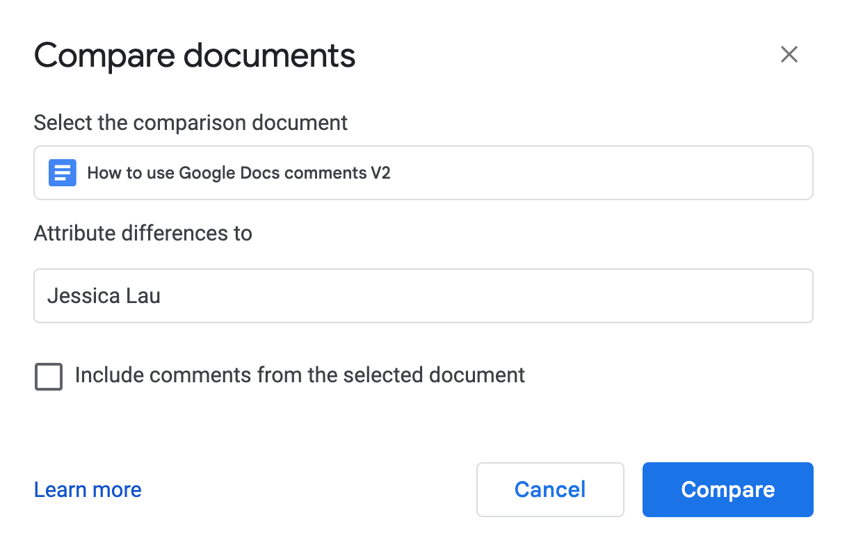 Google Docs comparison output showing suggested changes with accept/reject buttons