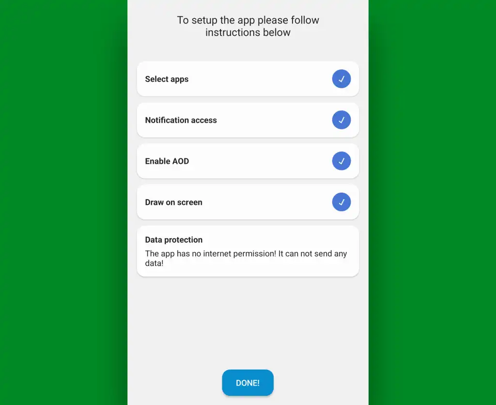 AodNotify setup screen showing notification light configuration options on Android