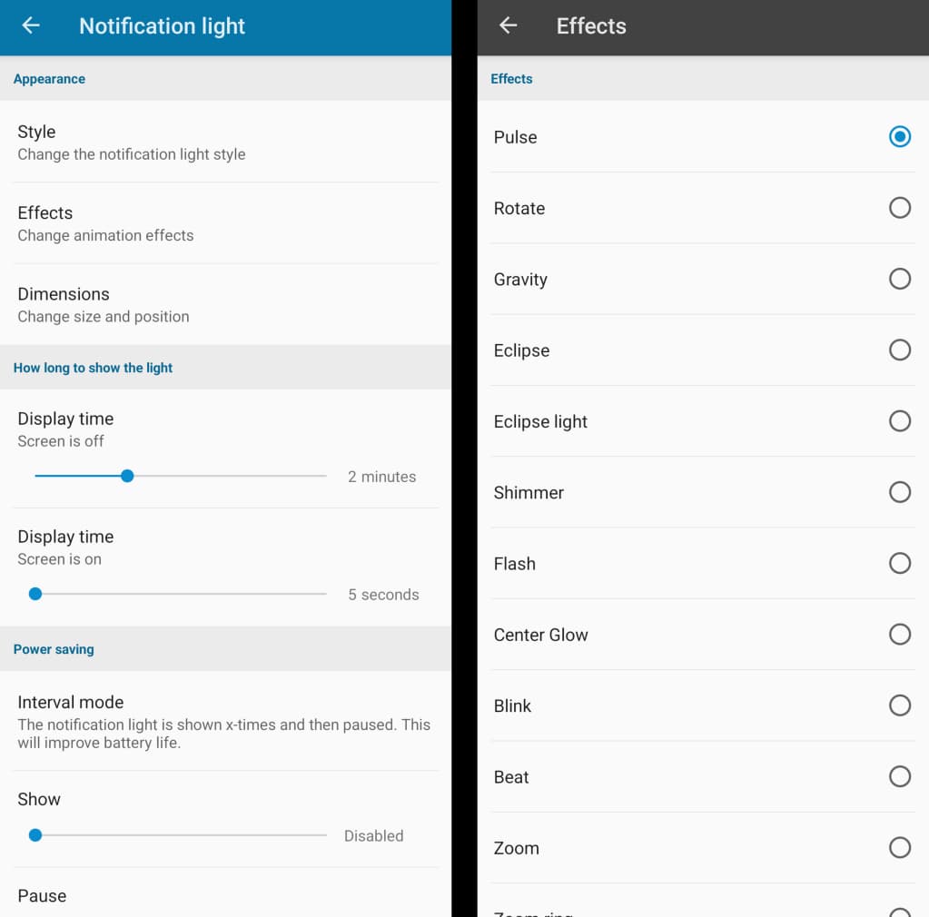 AodNotify settings panel showing per-app notification color assignments