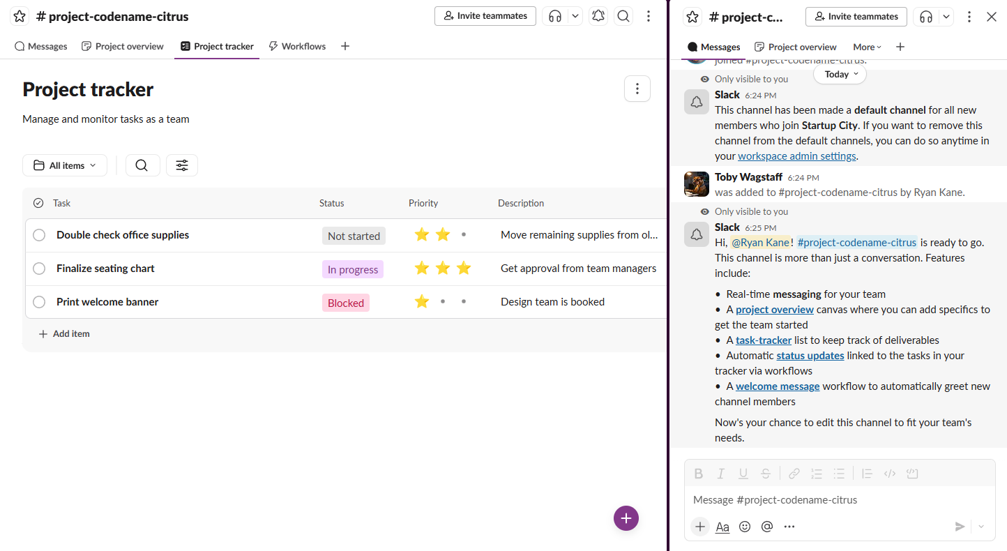 Slack channel view with threaded replies and emoji reactions
