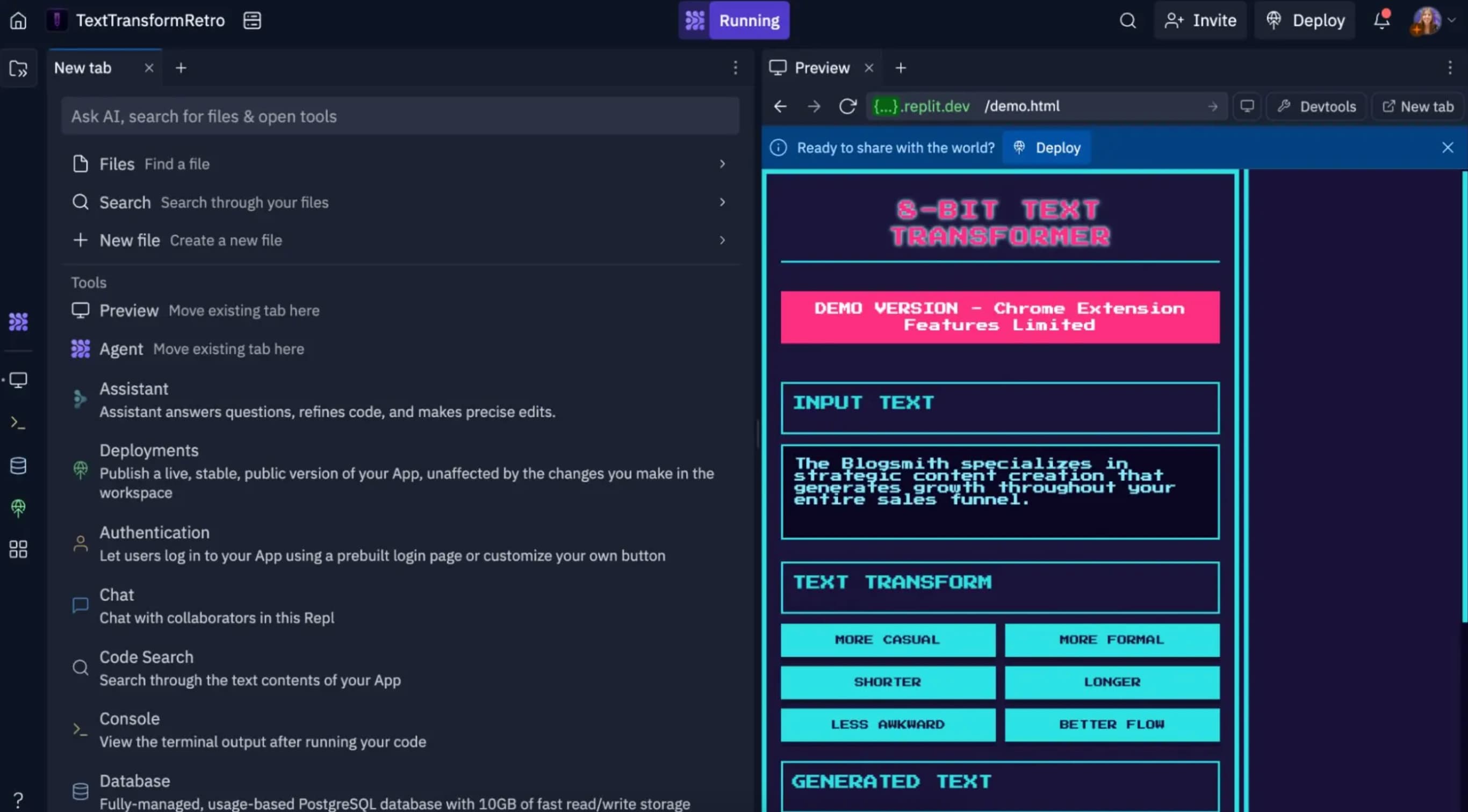 Replit browser-based coding environment with AI assistant panel