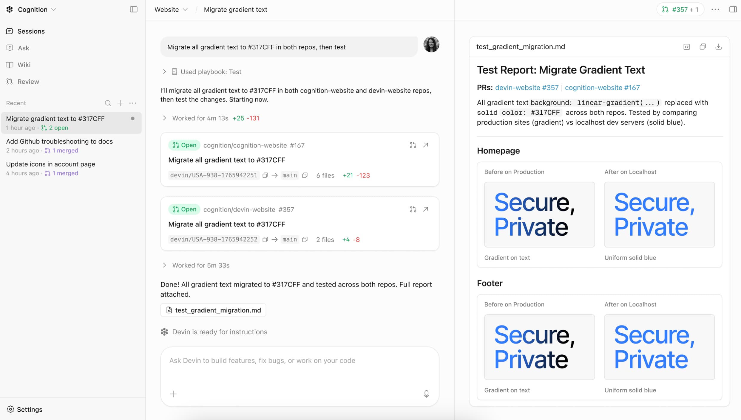 Devin Desktop kanban-style agent command center with multiple running agents