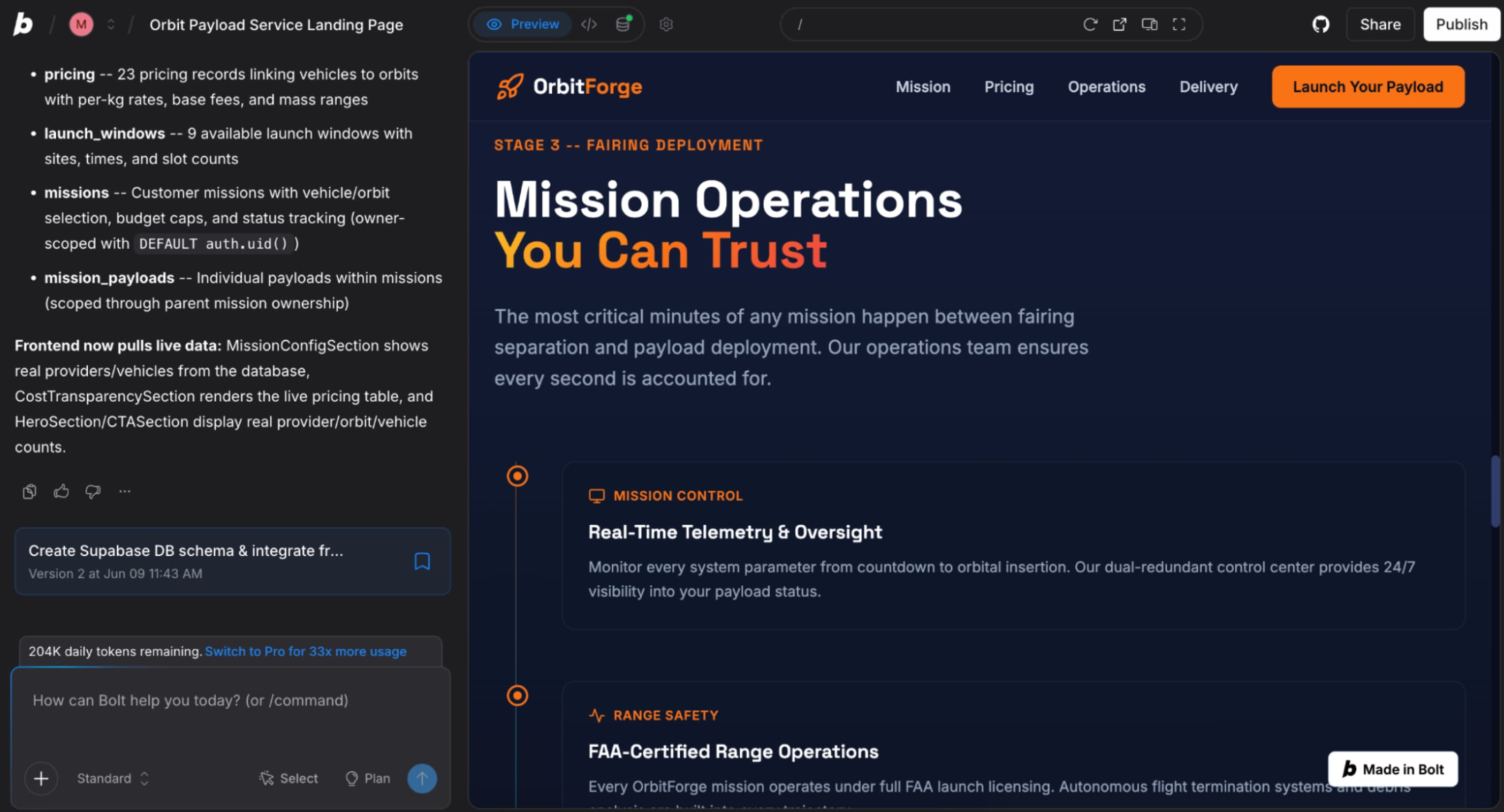 Bolt integration builder showing workflow connections and code protection features