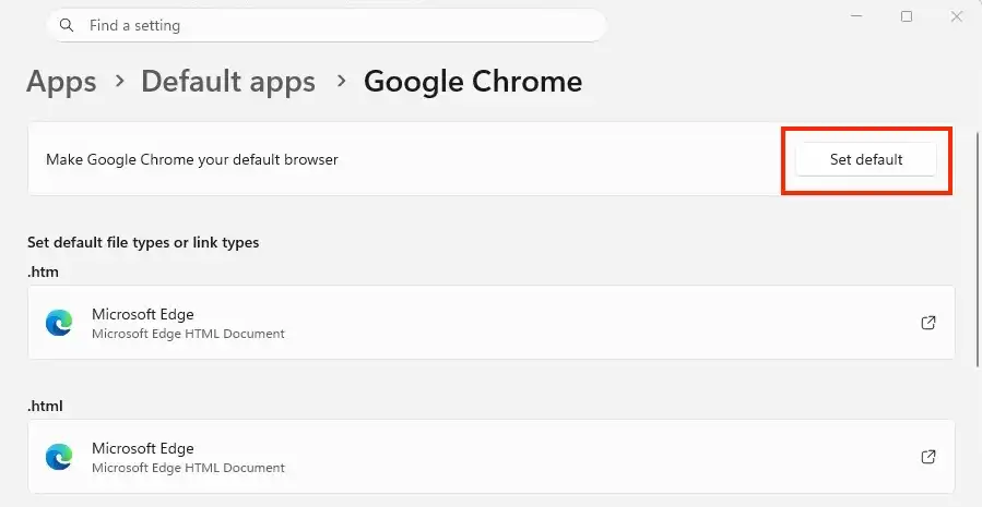 Windows 11 Default Apps settings for Chrome with Set default button highlighted