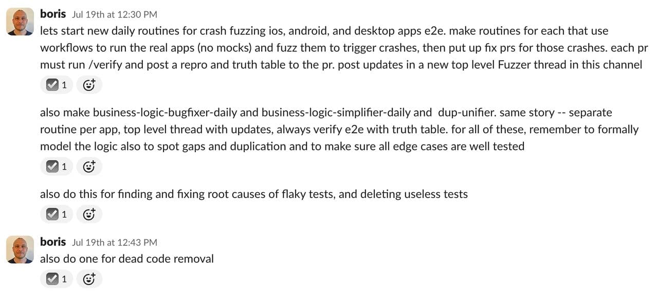 Slack screenshot showing Boris Cherny delegating AI maintenance routines for crash fuzzing, logic bugfixes, and dead-code removal using plain-language messages