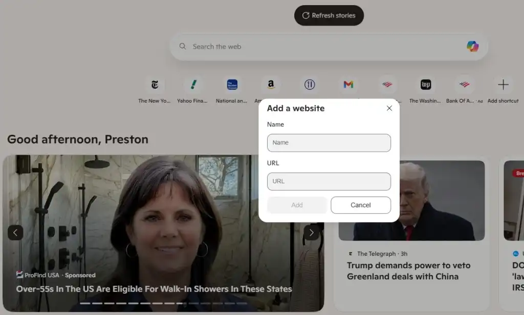 Dialog box for adding a website quick link in Edge browser