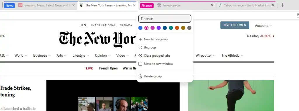 Creating a new tab group in Edge with colour picker visible