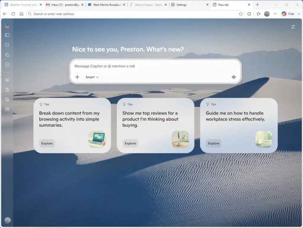 Copilot-branded new tab page in Edge browser