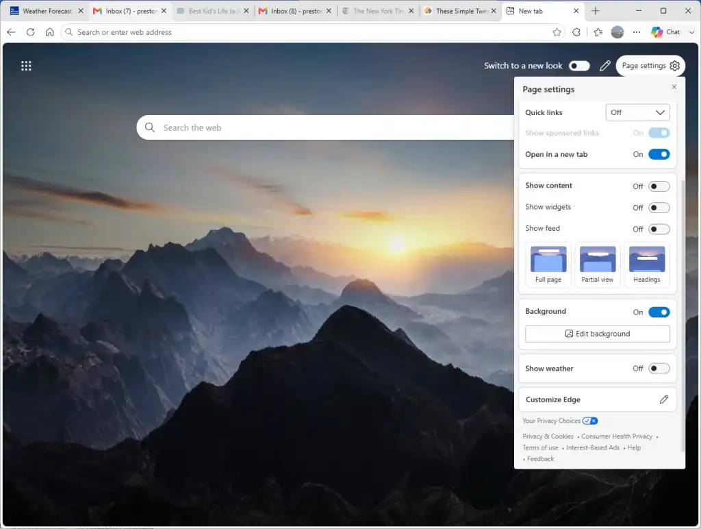 Minimal Edge new tab page with settings pane showing page layout options