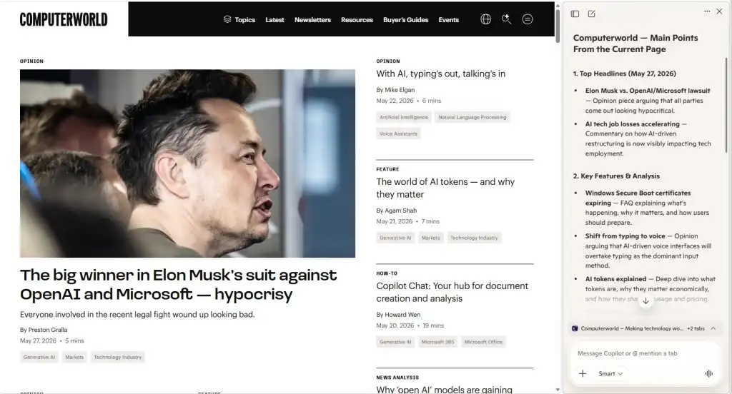 Copilot sidebar showing an AI-generated summary of the current web page