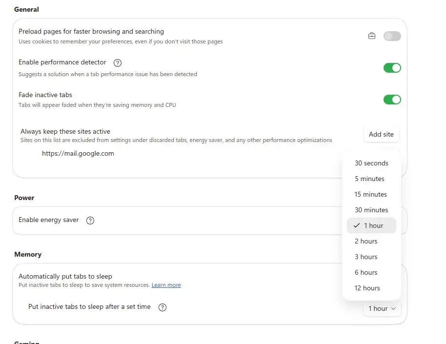 Edge settings panel with sleeping tabs toggle enabled