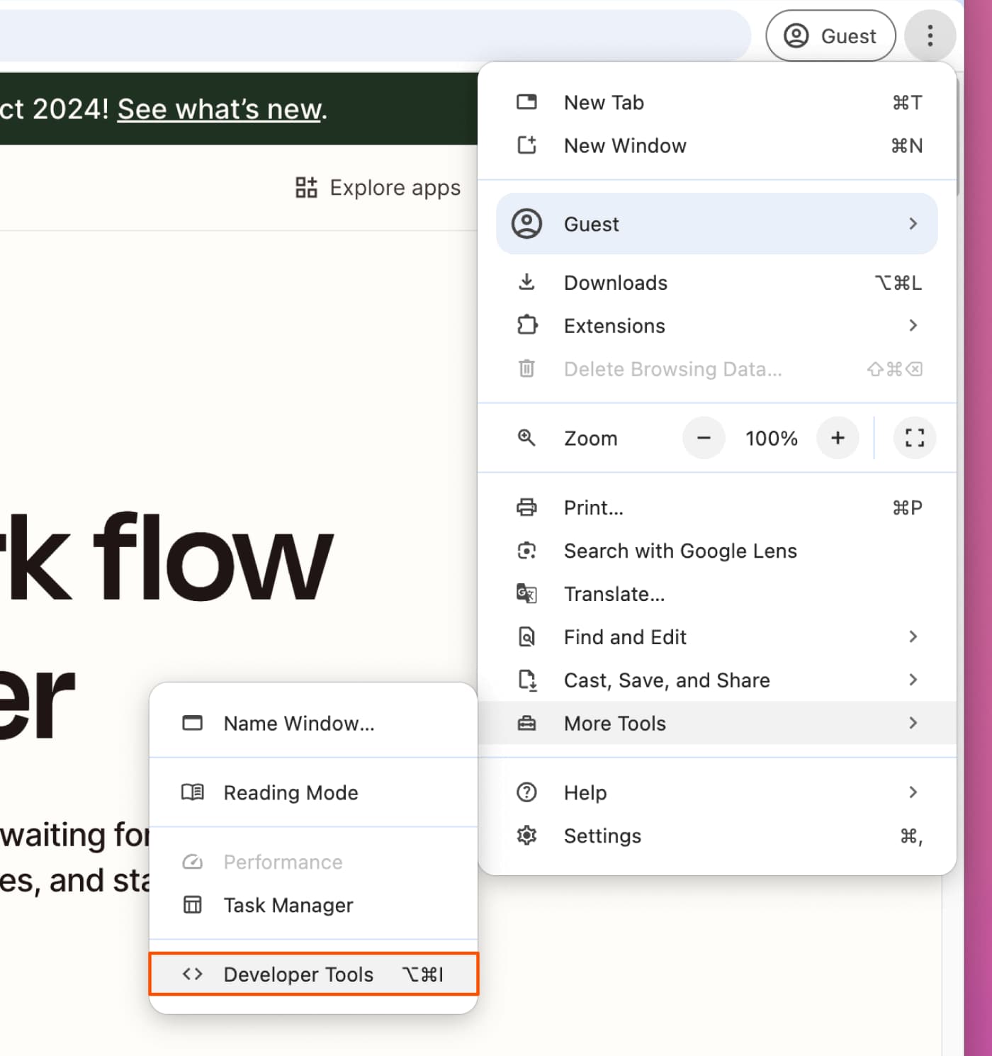 Chrome DevTools menu showing dock position options