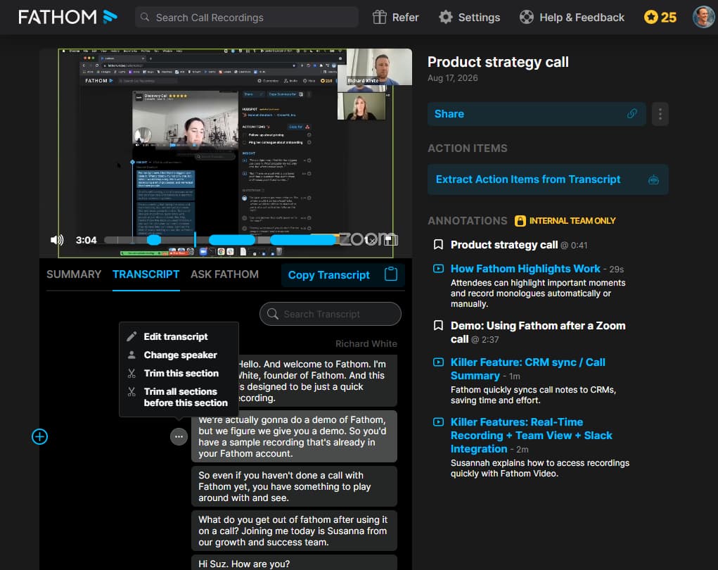 Fathom vs Fireflies comparison interface showing meeting transcription features