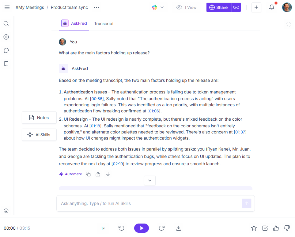 Fathom meeting recording interface with live transcript sidebar