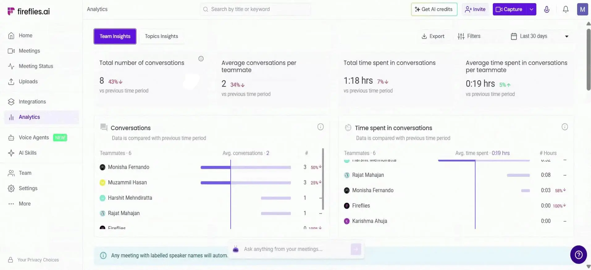 Fathom dashboard showing recent meetings with one-click summary access